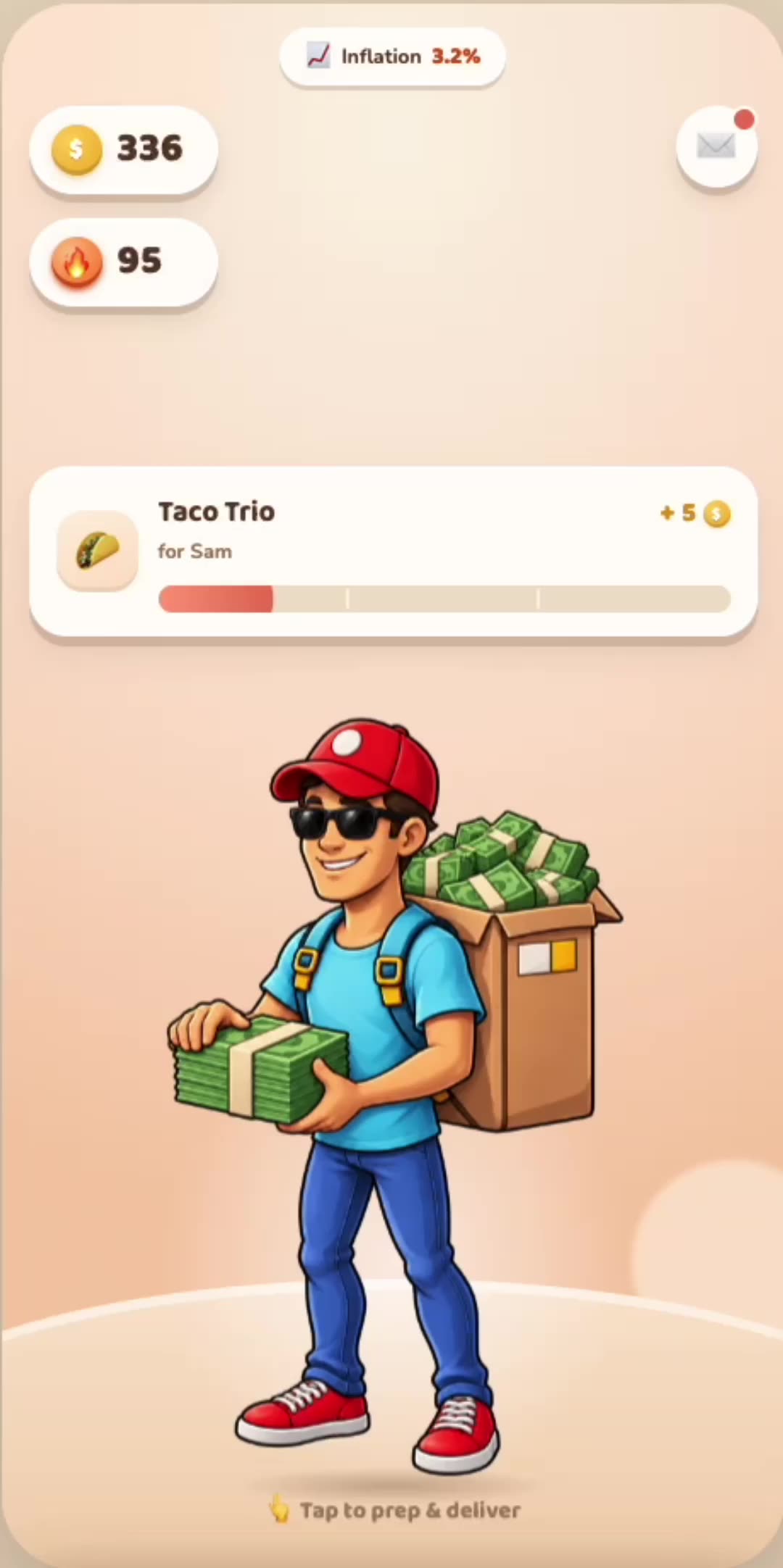 EarnFIRE game screen: passive income crossing over expenses